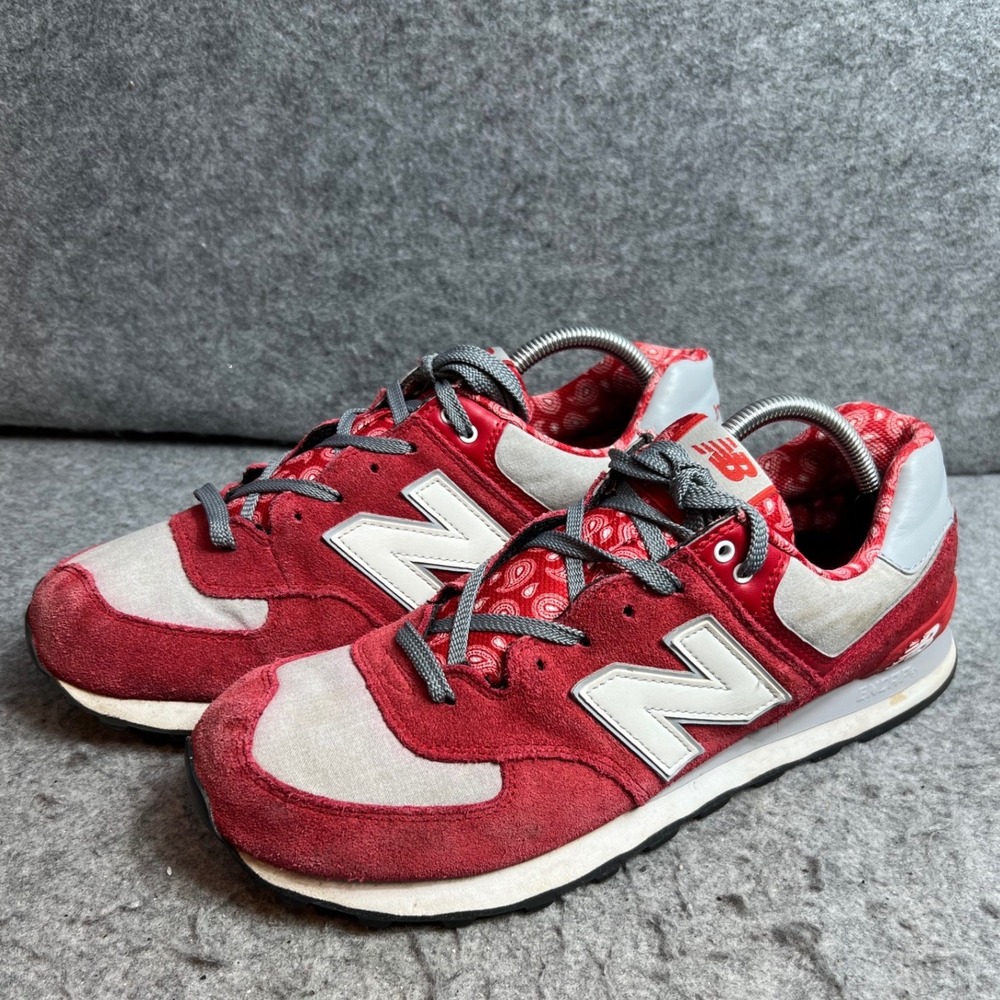 New Balance 574 Paisley Pack Mens Red Grey Suede Sneakers Shoes Size 11